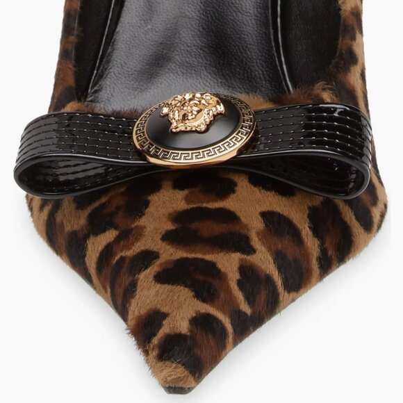 VERSACE Leopard Animal Print Genuine Calf Hair Leather Bow Pointed Toe Pumps - Picture 7 of 7